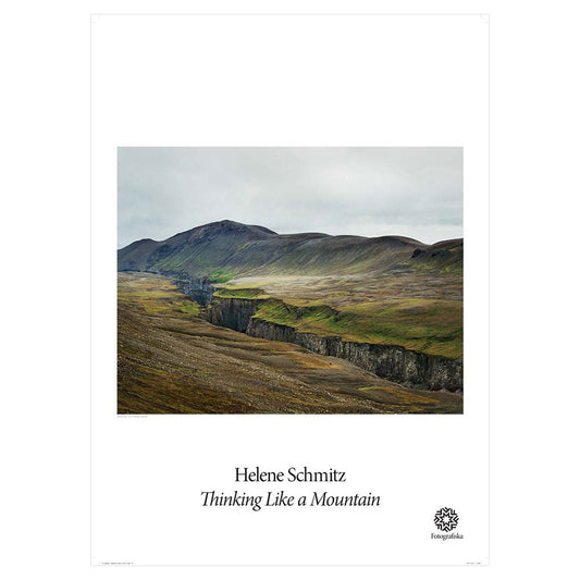 View of rocky area.  Exhibition title below: Helene Schmitz | Thinking Like a Mountain