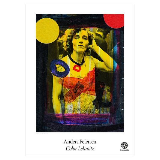 Sepiatone image of woman with pops of color. Exhibition title below: Anders Petersen | Color Lehmitz