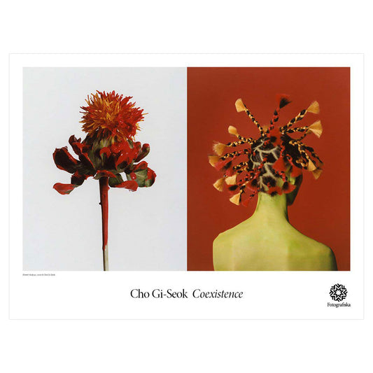 Two images side-by-side: flower to the left, person to the right. Exhibition title below: Cho Gi-Seok | Coexistence