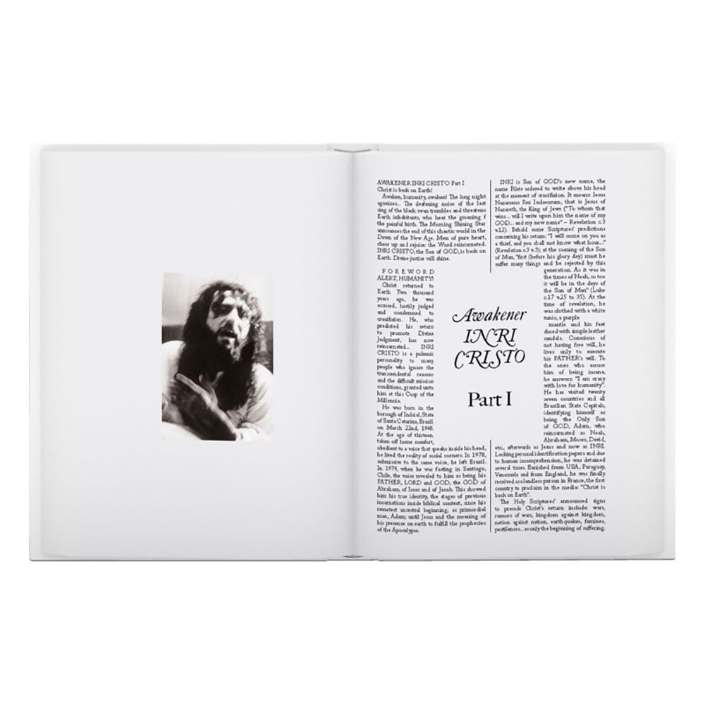 Spread shot of Jonas Bendiksen: The Last Testament, showing  a photo of a person on the left and text on the right