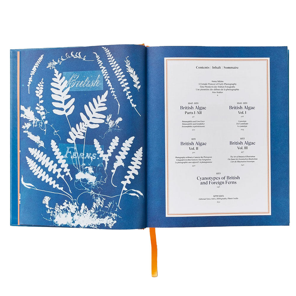Open book shot of Anna Atkins: Cyanotypes, showing book credits with pages designed in a cyanotype style