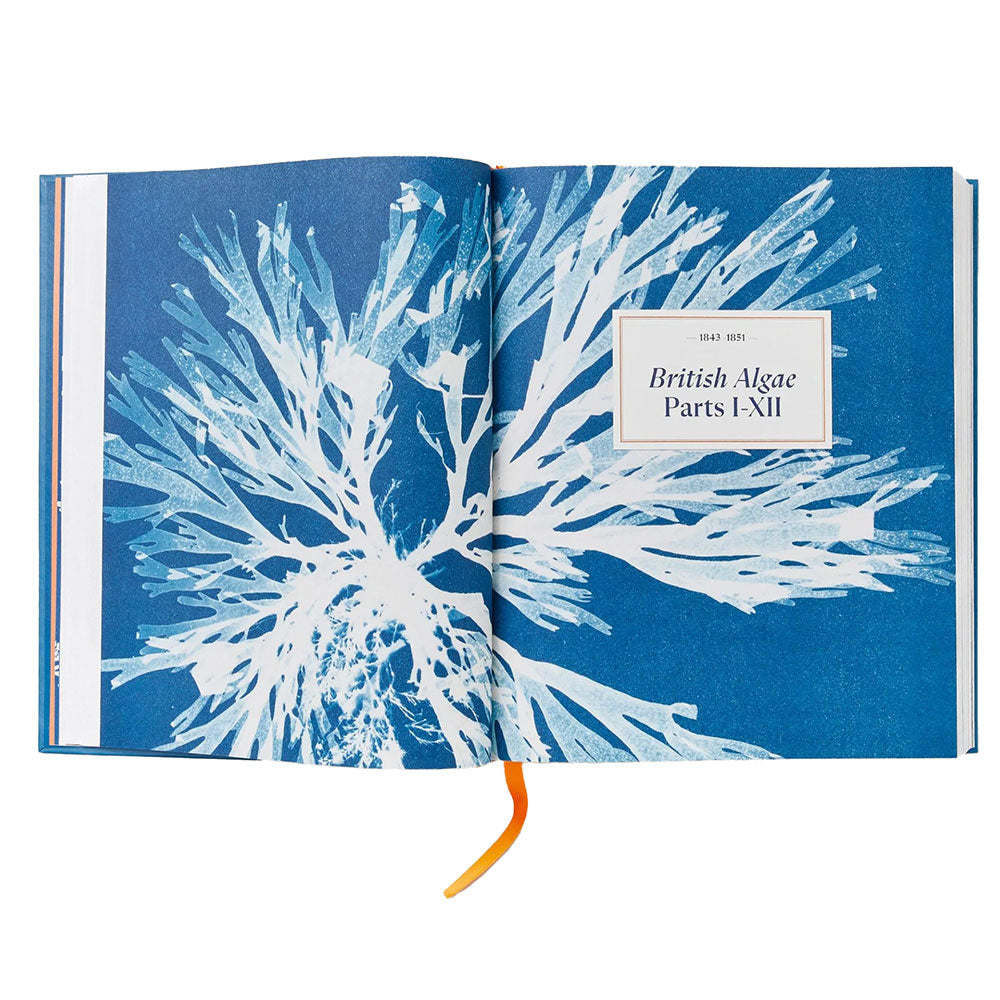 Open book shot of Anna Atkins: Cyanotypes, showing title "British Algae Parts I-XII" and pages showing cyanotype