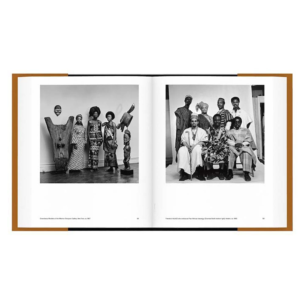 Open spread of Kwame Brathwaite: Black Is Beautiful, showing black and white photos of African-Americans on left and right