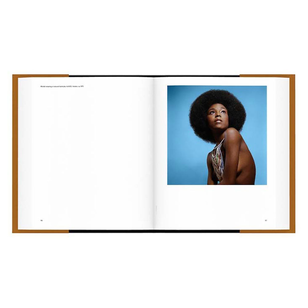 Open spread of Kwame Brathwaite: Black Is Beautiful, showing color photo of a woman on the right and text on the left