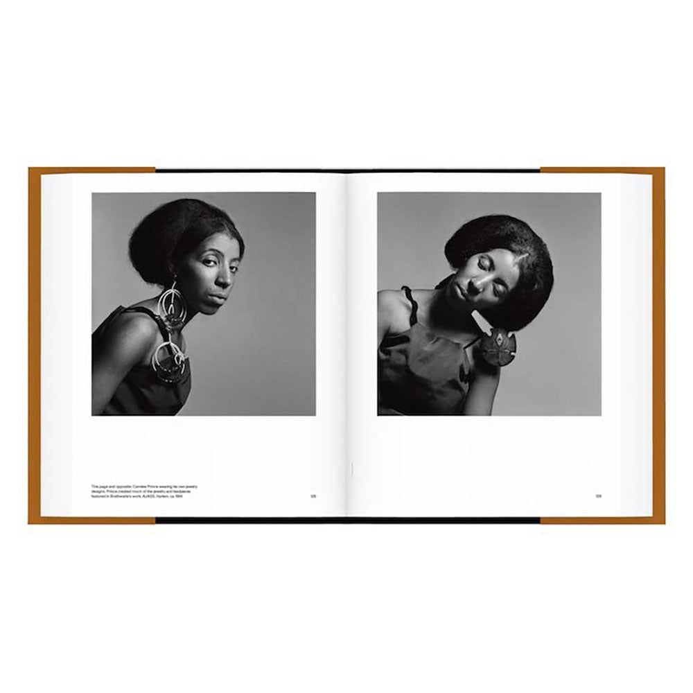 Open spread of Kwame Brathwaite: Black Is Beautiful, showing black and white photos of an African-American woman on the left and the right