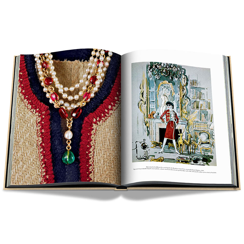 Spread of Chanel: The Impossible Collection, showing a color photo of jewelry on the left and a color drawing of a fashion model on the right