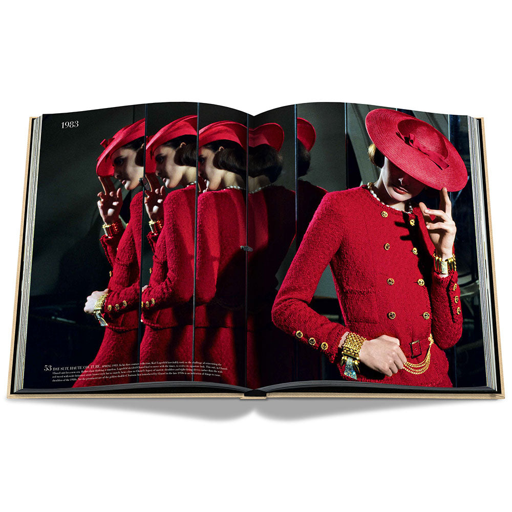 Spread of Chanel: The Impossible Collection, showing a full-width color photo of a fashion model in red