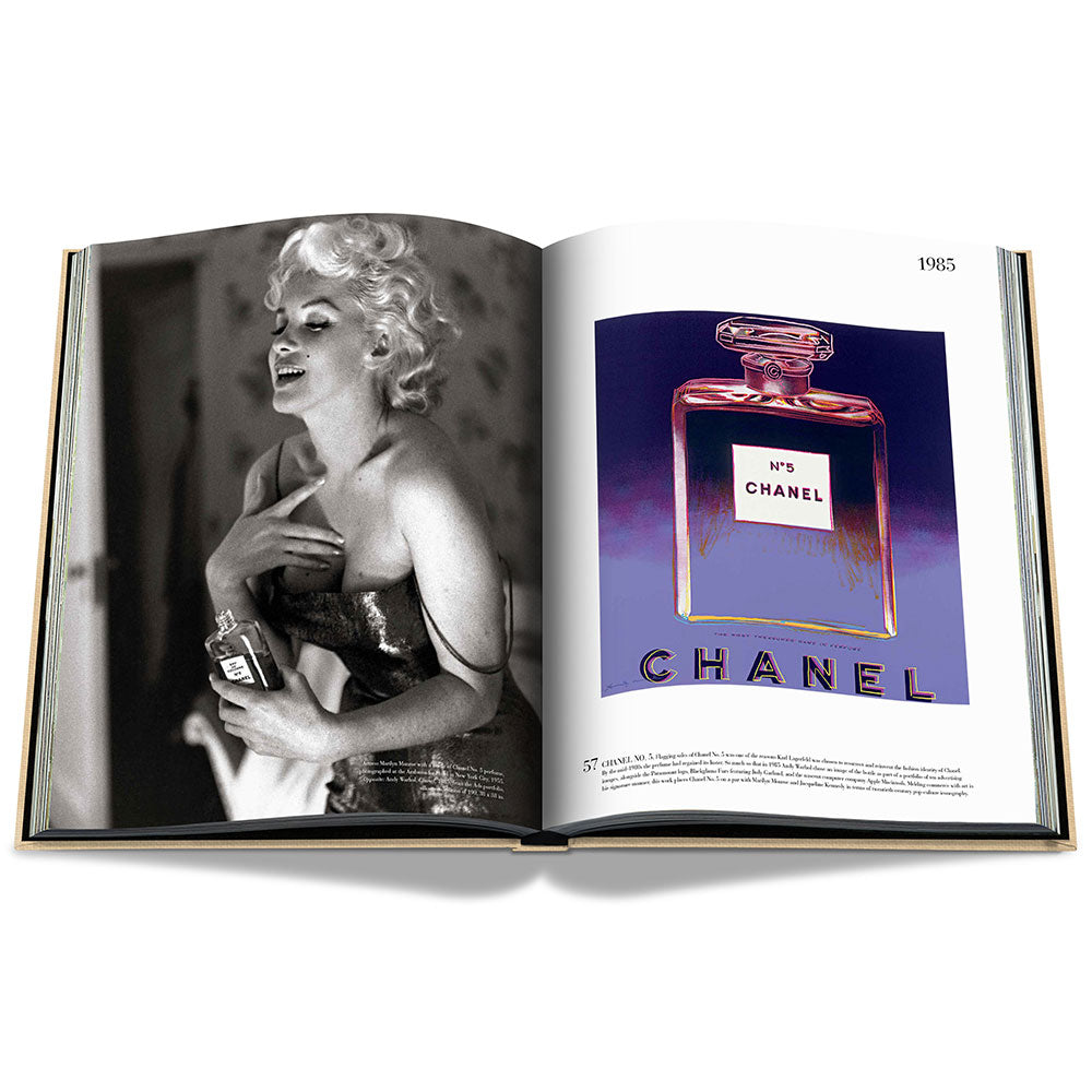 Spread of Chanel: The Impossible Collection, showing a black and white image on the left and a color image on the right of perfume bottle