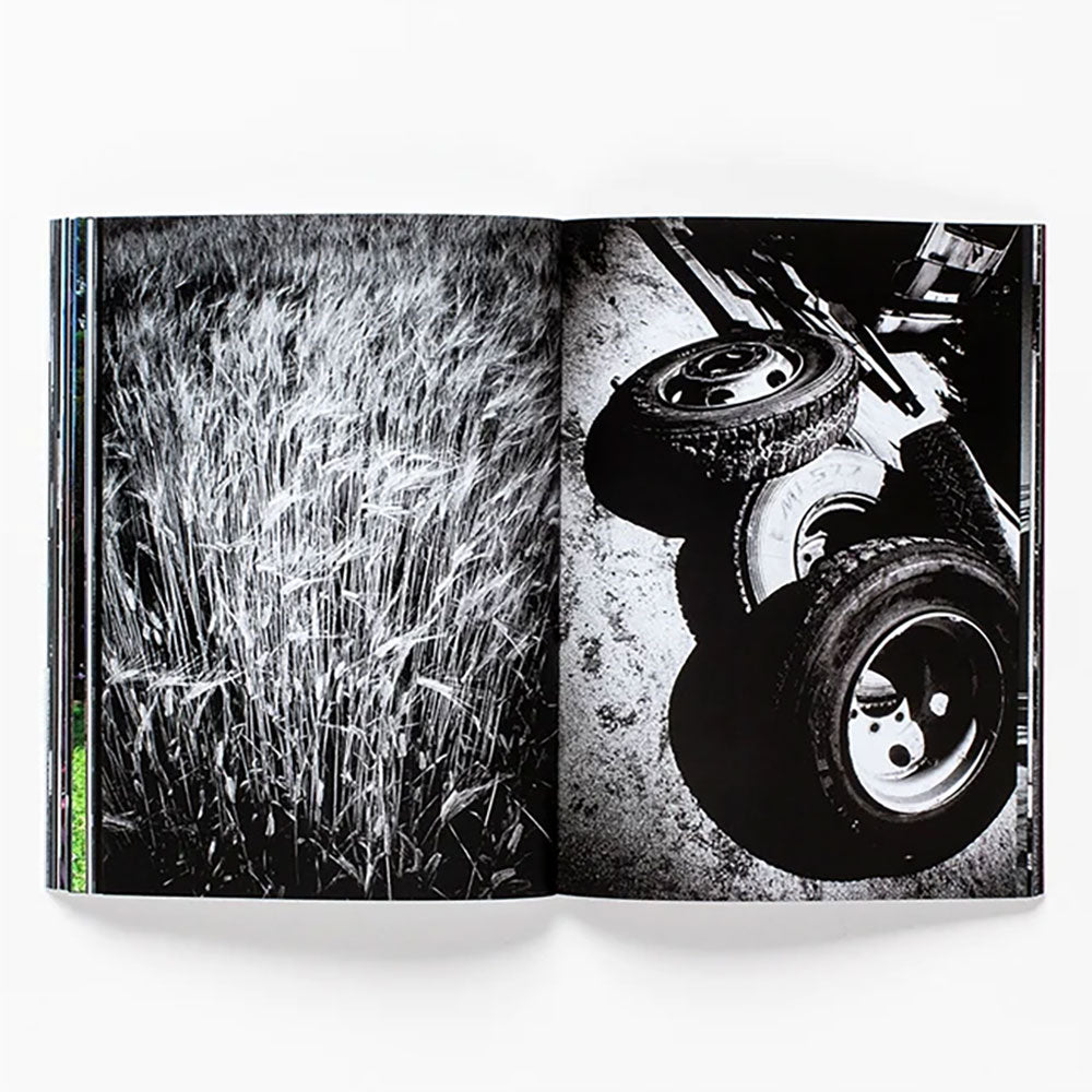 Spread of Daido Moriyama: How I Take Photographs, showing a full-width black and white photo of plants and tires.