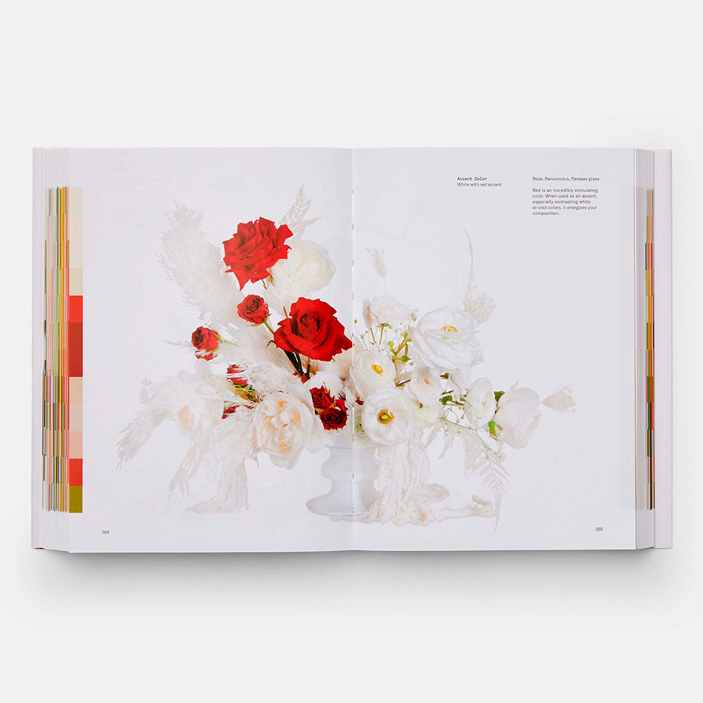 Open book shot of Flower Color Theory, showing color illustrations of flowers with identifying text