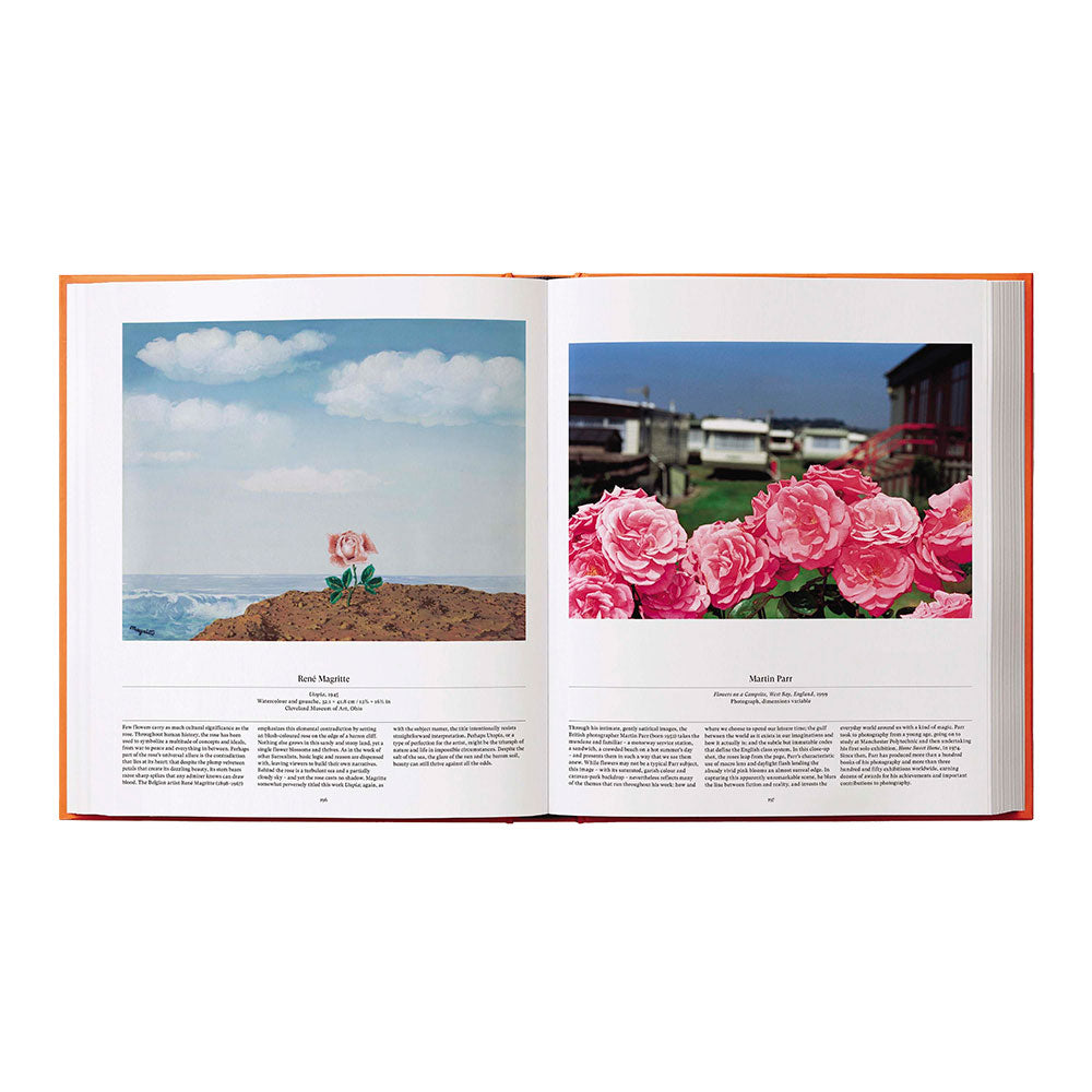 Open spread of Flower: Exploring the World in Bloom, showing color images of florals on the left and the right with text