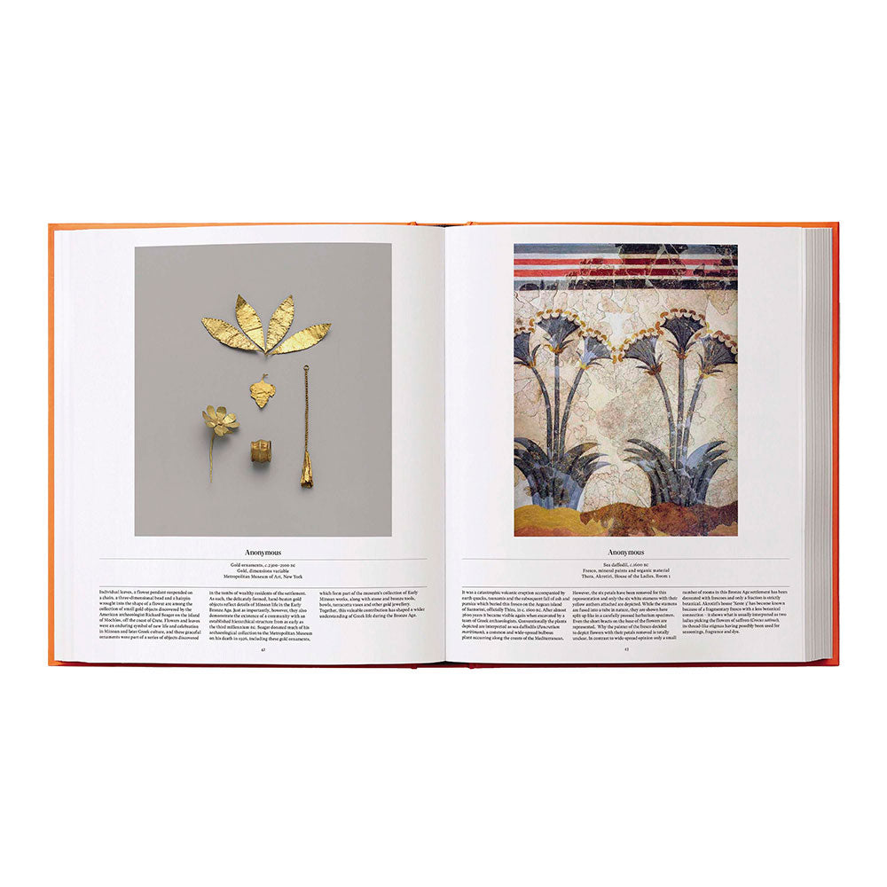 Open spread of Flower: Exploring the World in Bloom, showing color images of florals on the left and right with text