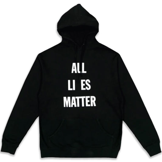 Black hoodie with the artwork "All LI ES Matter" by Hank Willis Thomas on the front
