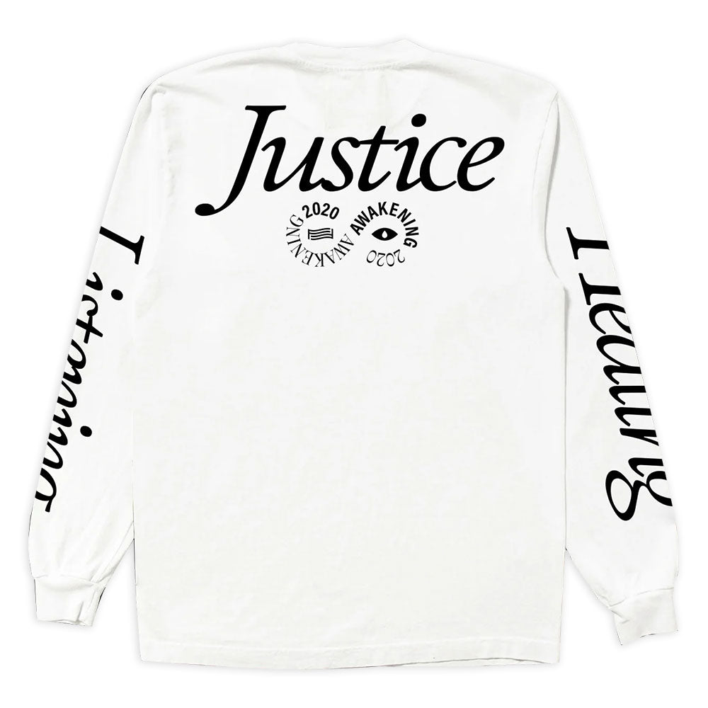 Back of the Awakenings long sleeve shirt.  White with the word "Justice" in black.