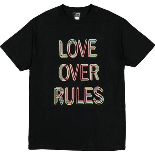 Black t-shirt with "Love Over Rules" written on the front