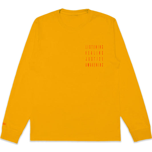 Yellow long-sleeve t-shirt, showing "Listening, healing, justice, and awakening" on the left