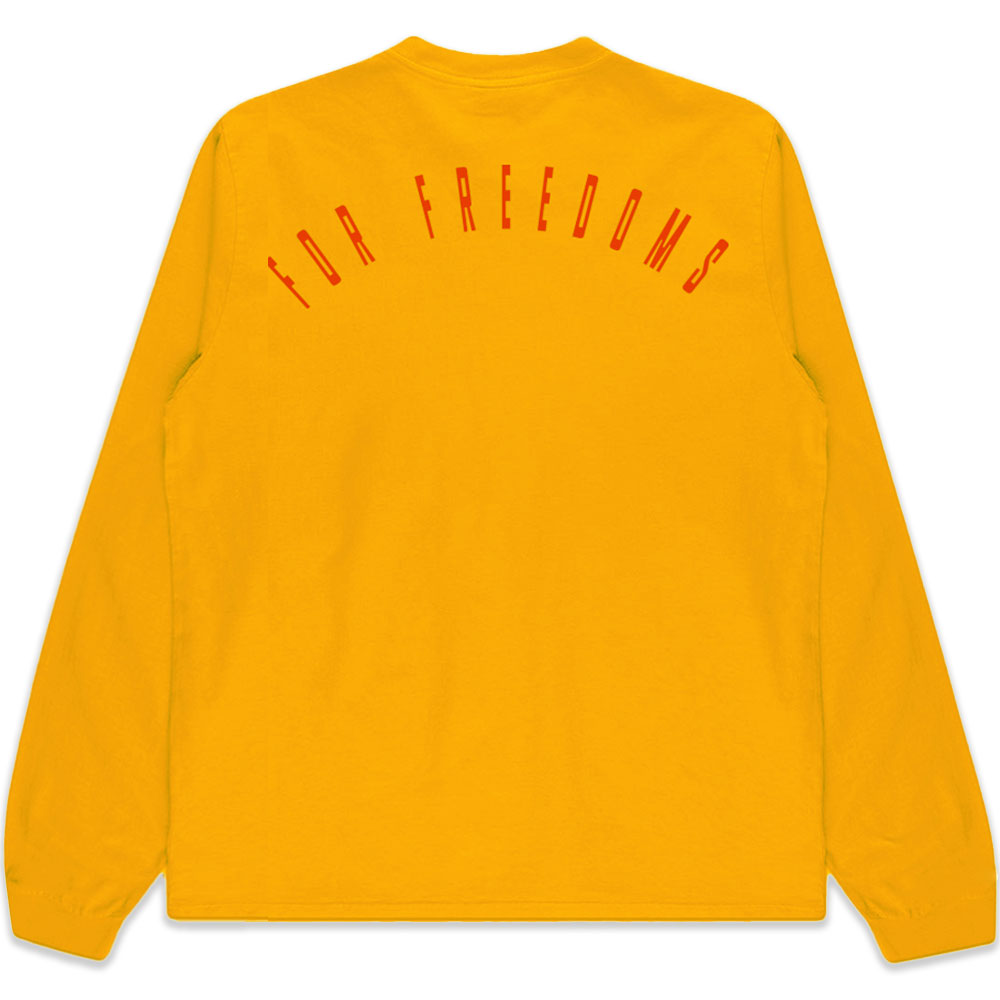 Back of yellow Long Sleeve t-shirt, showing "For Freedoms"