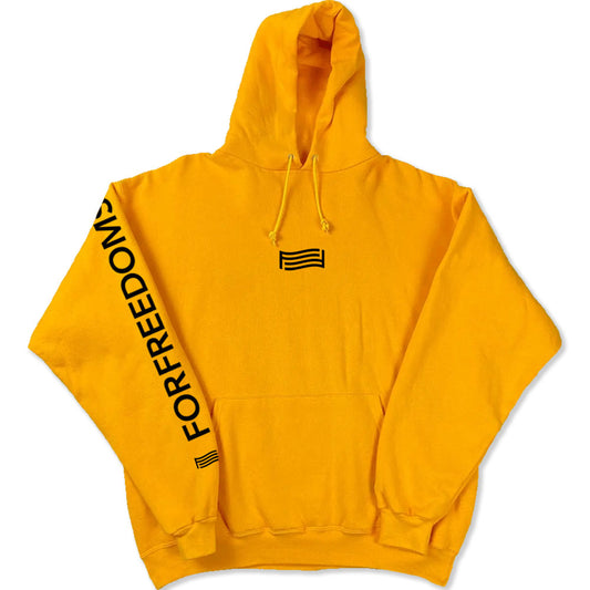 For Freedoms Hoodie, Yellow, showing "For Freedoms" on the right sleeve
