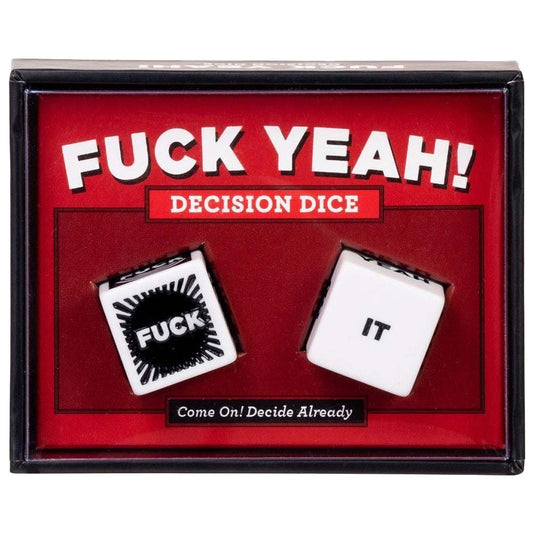 Provocative red packaging with two dice, one that says "Fuck" and the other that says "It." 