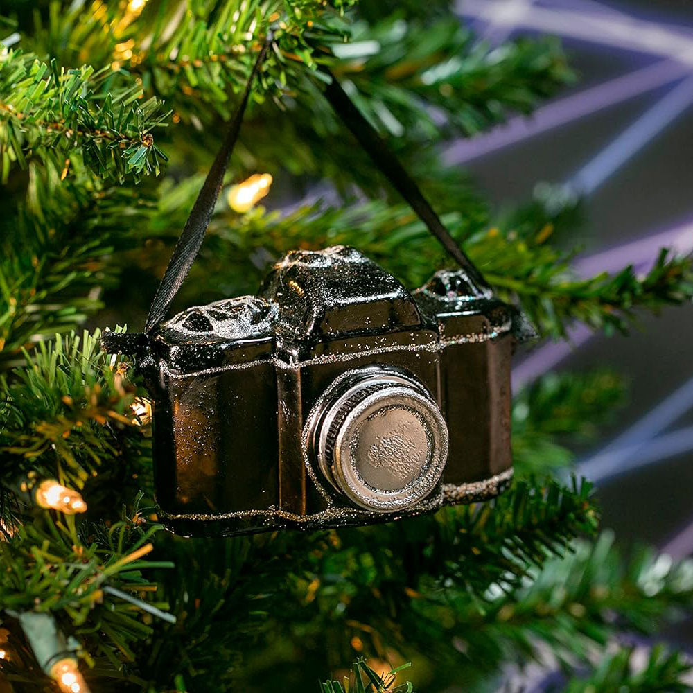 Glass Camera Ornament, on a Christmas tree with lights