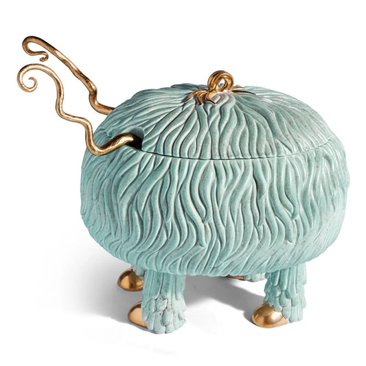 HAAS Fox Salad Monster, a quirky design gift.  Blue Porcelain and brass, with lid and brass salad tongs