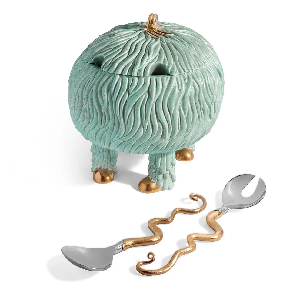 HAAS Fox Salad Monster, a quirky design gift.  Blue Porcelain and brass, with lid and brass salad tongs