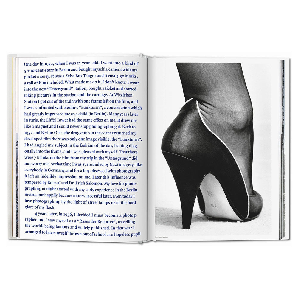 Spread of Helmut Newton SUMO Book, showing black and white photo of a foot in a high heel to the right and text to the left
