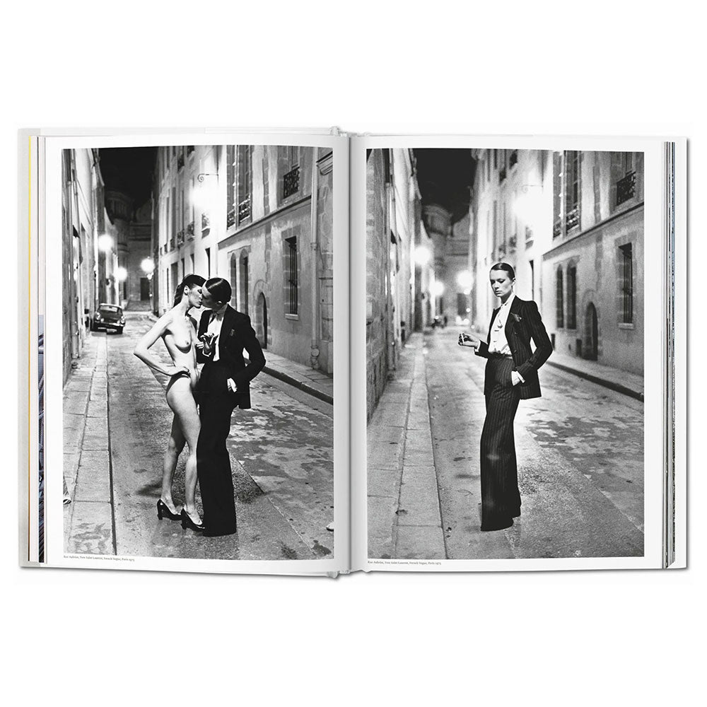 Spread of Helmut Newton SUMO Book, showing two black and white full-page images of well-dressed models on a city street