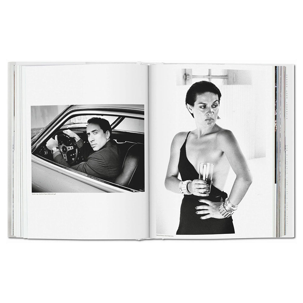 Spread of Helmut Newton SUMO Book, showing two black and white images of fashion models doing poses
