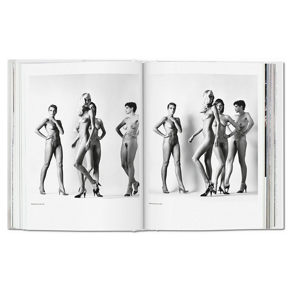 Spread of Helmut Newton SUMO Book, showing two black and white images of fashion models doing poses