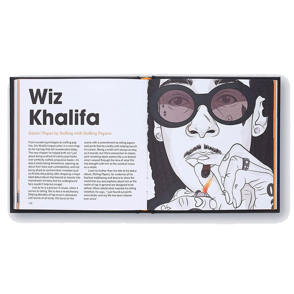 Spread shot of How We Roll: The Art and Culture of Joints, Blunts, and Spliffs, showing text on the left and drawing of a man with a joint on the right
