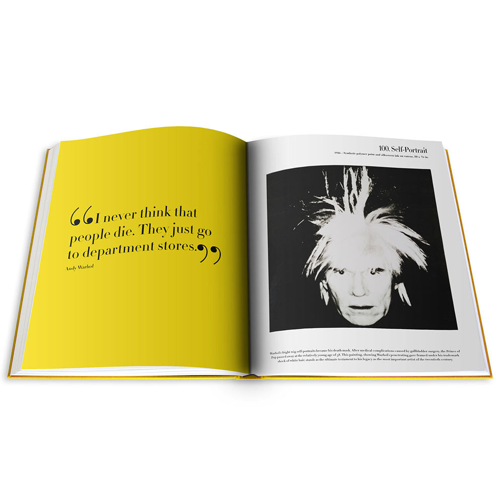 Spread of Andy Warhol: The Impossible Collection, showing a black and white photo on the right and text on the left