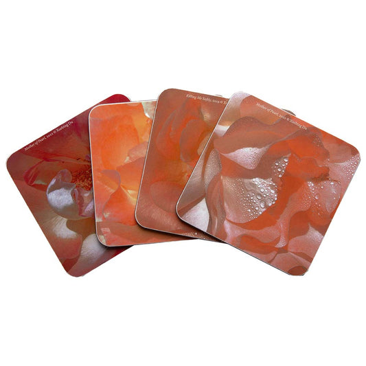 Set of 4 springy coasters with different shades of red and patterns.