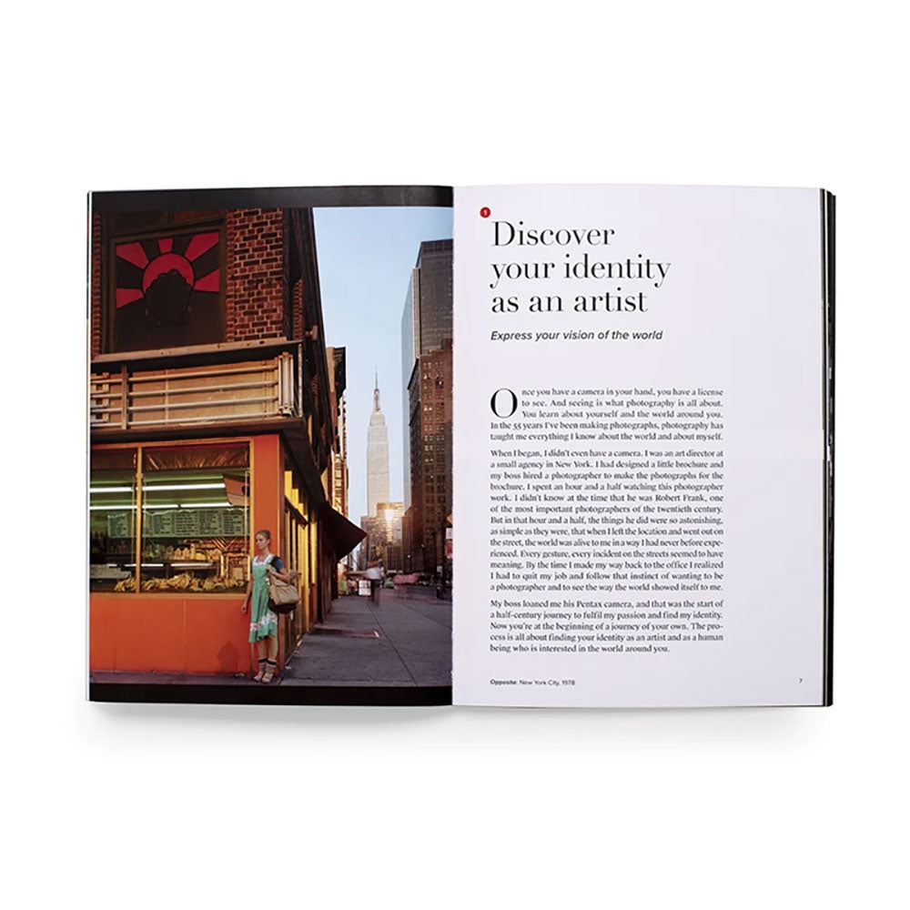 Spread shot of Joel Meyerowitz: How I Make Photographs, showing color image to the left and educational text to the right