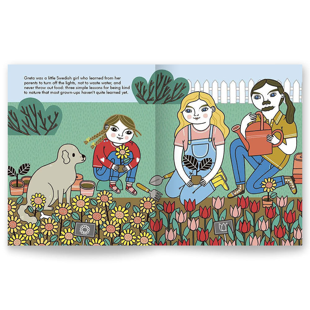 Open book shot of Little People, Big Dreams: Greta Thunberg, showing cartoonish drawing of a family with flowers and a dog