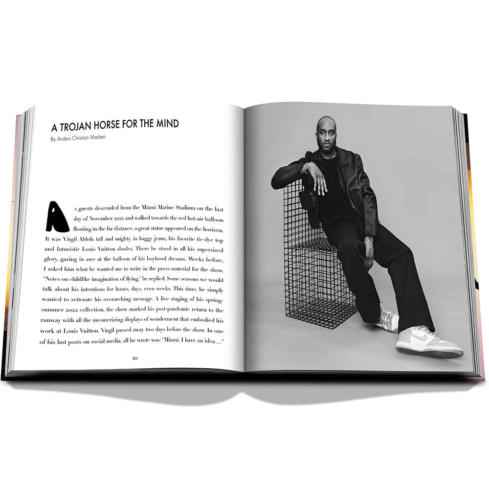 Spread of Louis Vuitton: Virgil Abloh, The Ultimate Collection, showing black and white image of fashion model on the left and text on the right
