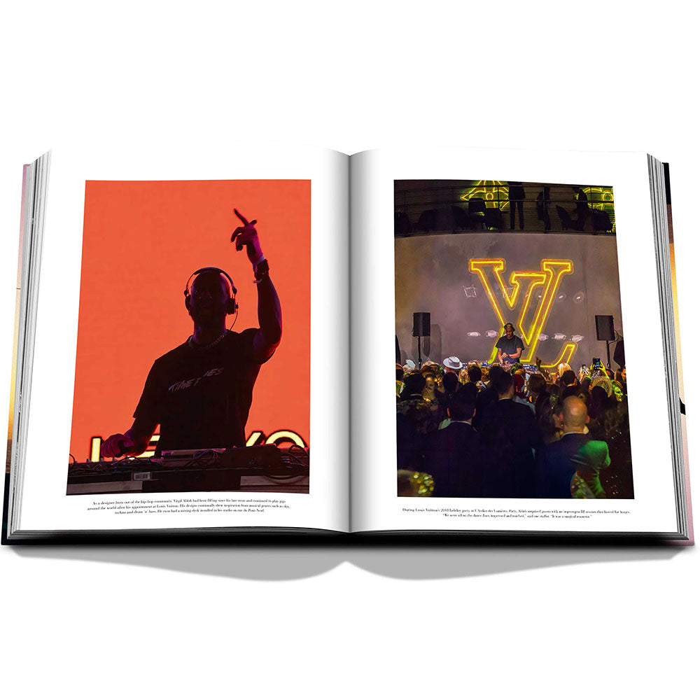 Spread of Louis Vuitton: Virgil Abloh, The Ultimate Collection, showing color photos on the left and the right of Abloh shots