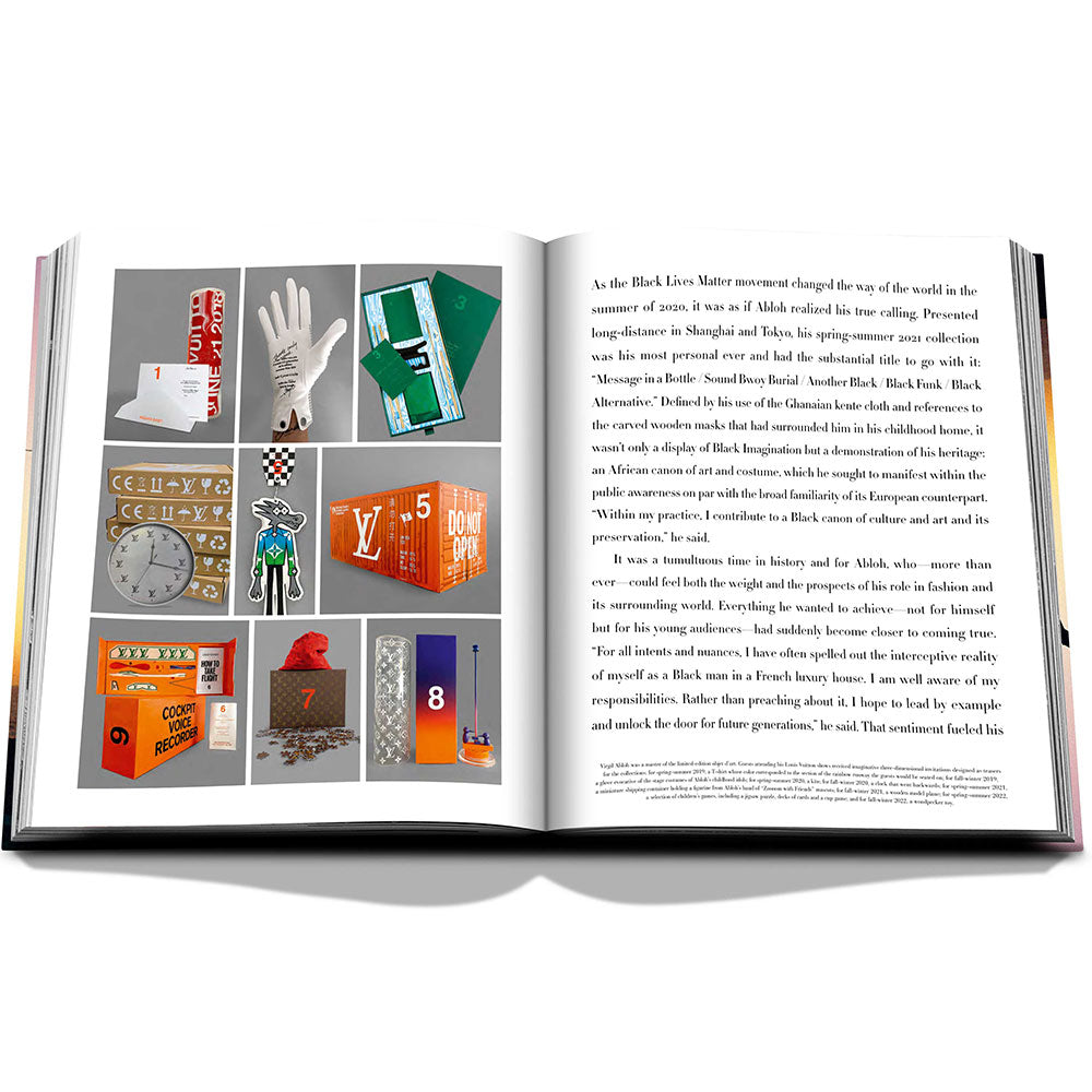 Spread of Louis Vuitton: Virgil Abloh, The Ultimate Collection, showing color image of fashion items on the left and text on the right