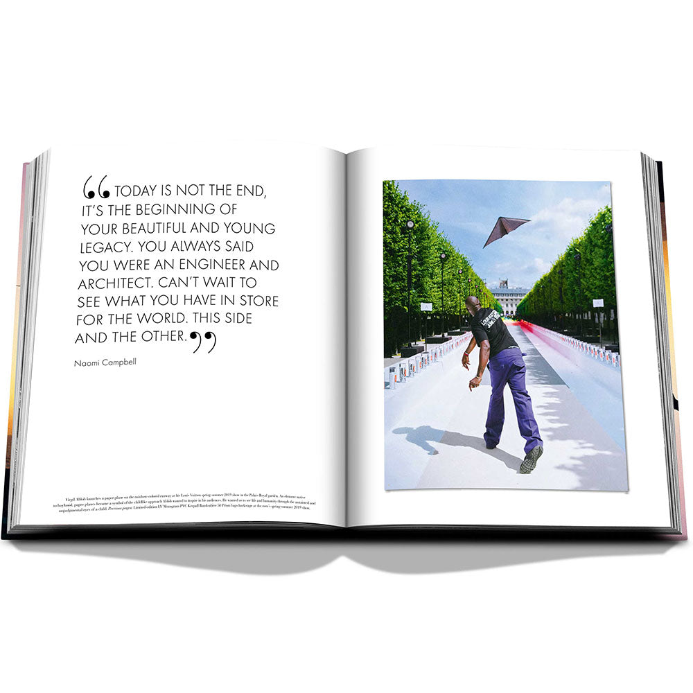 Spread of Louis Vuitton: Virgil Abloh, The Ultimate Collection, showing text on the left and a color image on the right