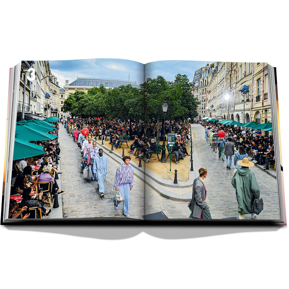 Spread of Louis Vuitton: Virgil Abloh, The Ultimate Collection, showing full-width color image of people on a street