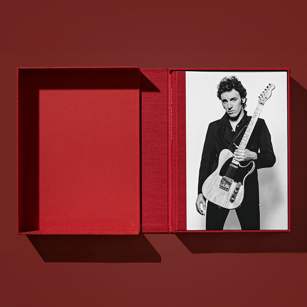 Lynn Goldsmith: Bruce Springsteen & The E Street Band, open clamshell revealing book cover of Bruce Springsteen portrait
