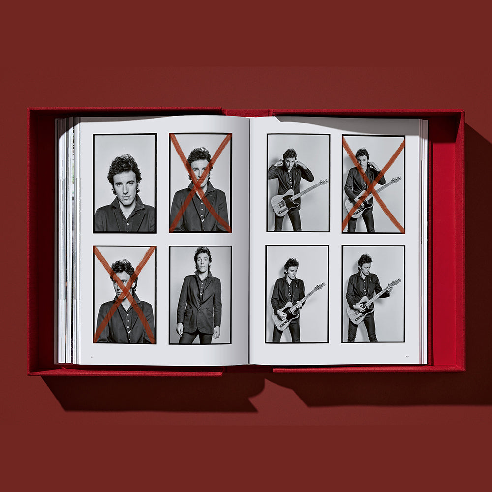Lynn Goldsmith: Bruce Springsteen & The E Street Band, open and showing an 8x2 grid of photos of Bruce Springsteen