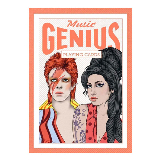 Cover of the Music Genius Playing Cards, featuring cartoon drawings of David Bowie and Amy Winehouse