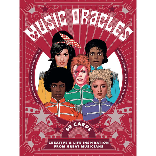 Front cover of the Music Oracles card set, featuring cartoon drawings of Amy Winehouse, Michael Jackson, David Bowie, and Madonna