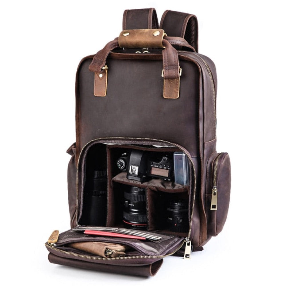 Gaetano Leather Camera Bag with Tripod Holder, open and showing camera storage