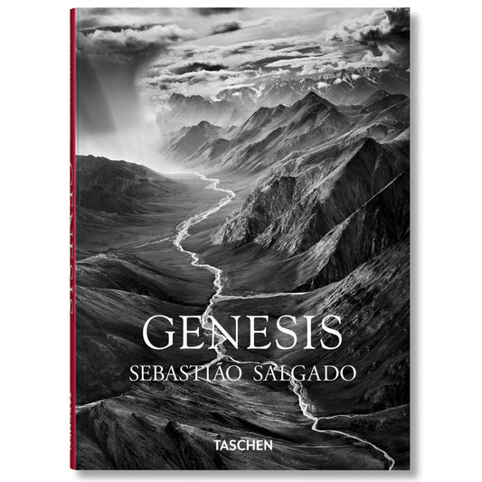 Book cover of Genesis by Sebastiao Salgado, showing a black and white photo of landscapes