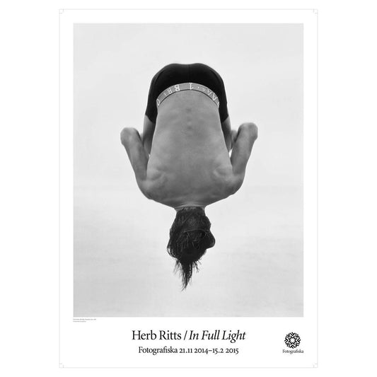Person doing cannonball mid-air. Exhibition title below: Herb Ritts / In Full Light