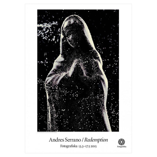 White silhouette of Mary in black background. Exhibition title below: Andres Serrano | Redemption