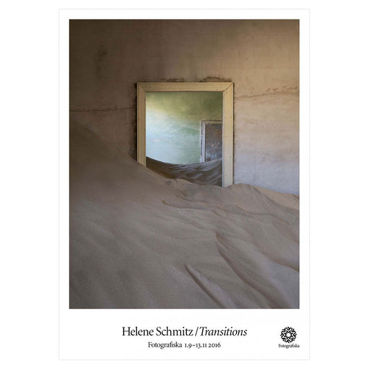 Color portrait of a room with a doorway. Exhibition title below: Helene Schmitz | Transitions