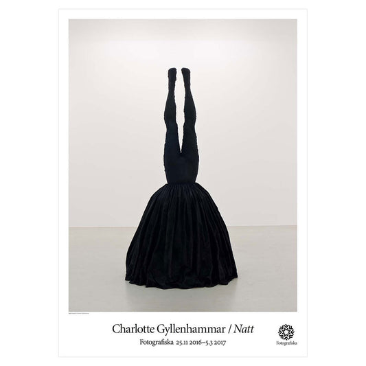 Black and white image of woman doing headstand with dress falling over her upper body. Exhibition title below: Charlotte Gyllenhammar | Natt